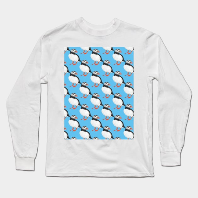 Puffin pattern on blue Long Sleeve T-Shirt by IslesArt